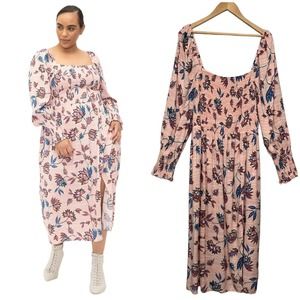 Eloquii Floral Smocked Side Slit Midi Long Balloon Sleeves Dress Pink 18/20